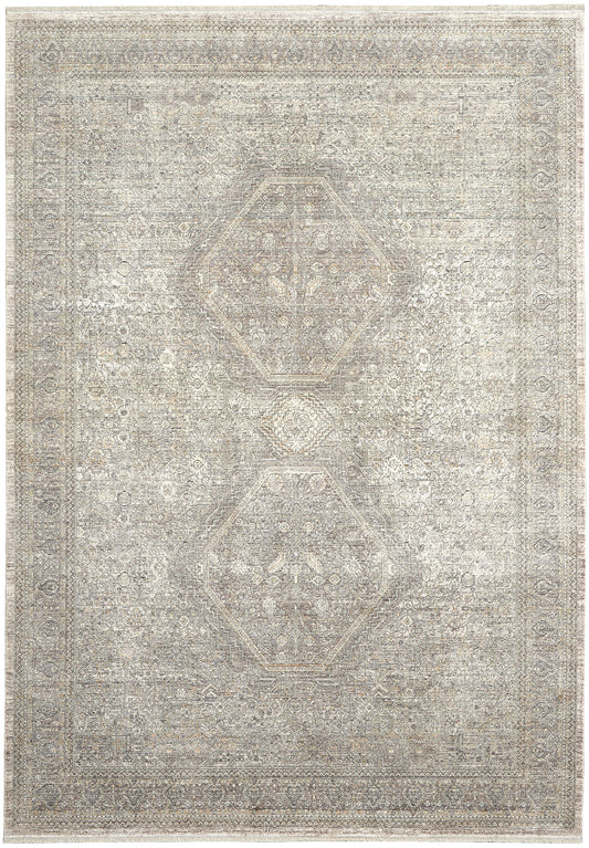 Rectangular distressed oriental rug in beige, taupe & ivory with faded central medallions & ornate borders.