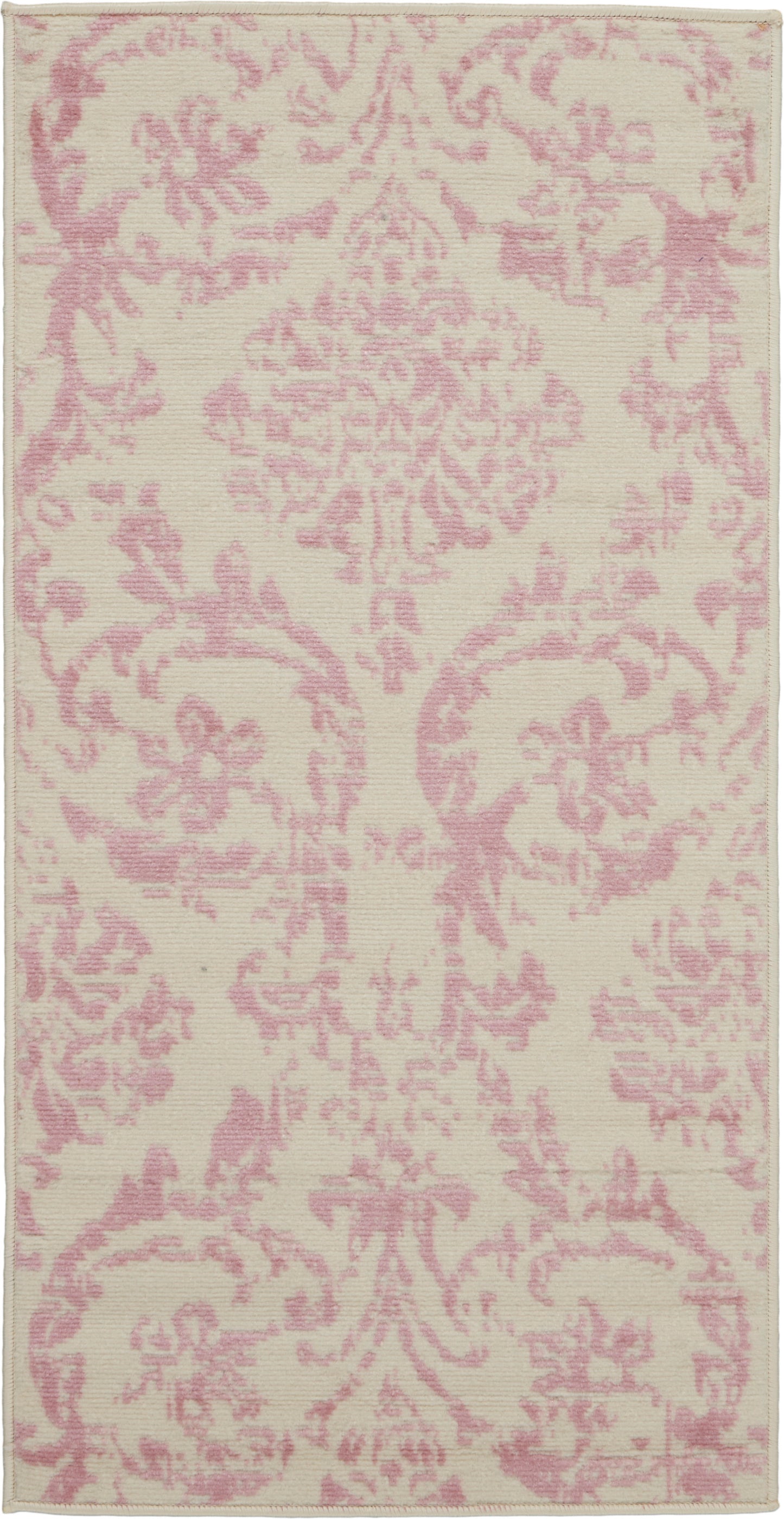 Rectangular rug with cream base & pink damask floral pattern; soft woven texture for living room decor