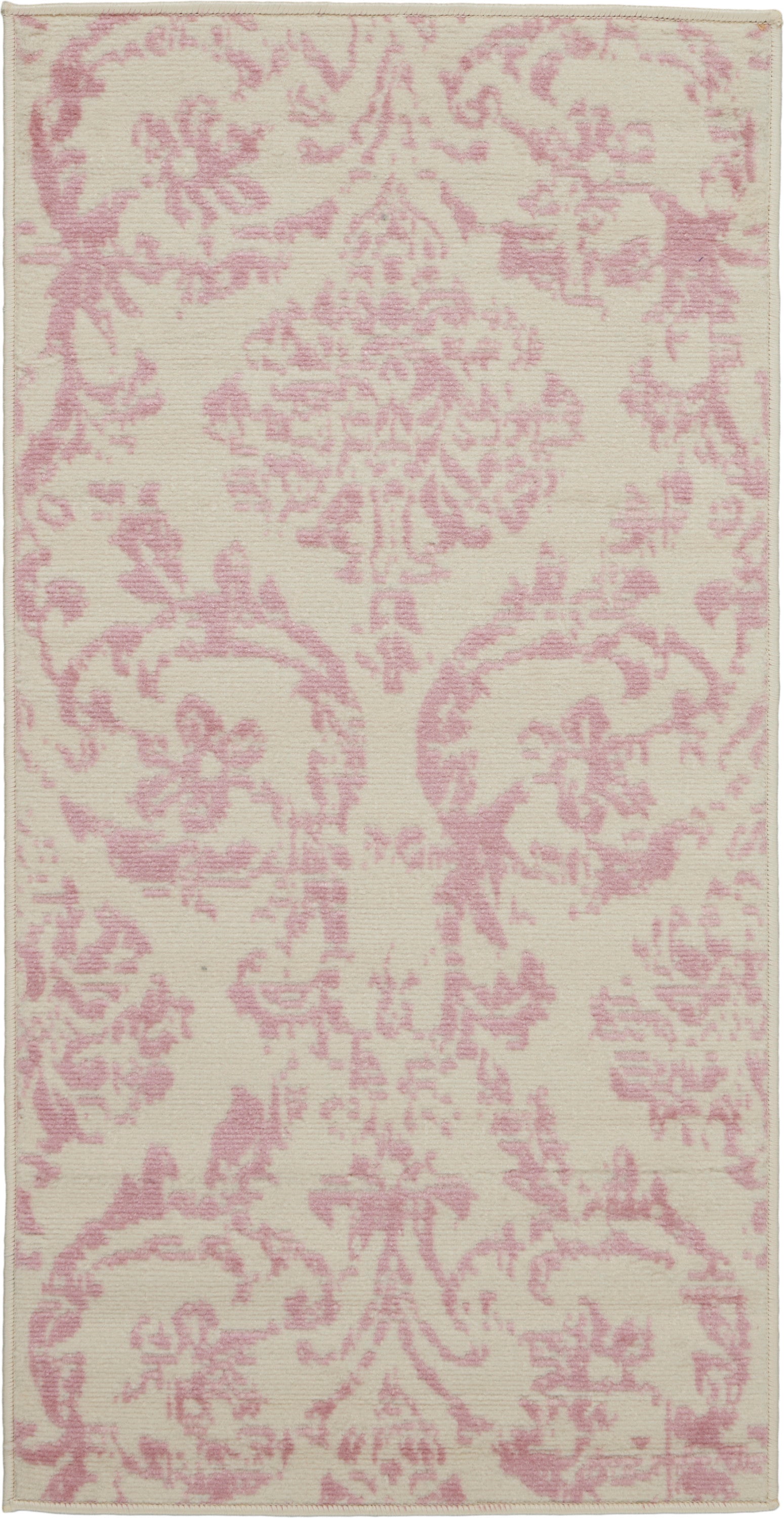 Rectangular rug with cream base & pink damask floral pattern; soft woven texture for living room decor