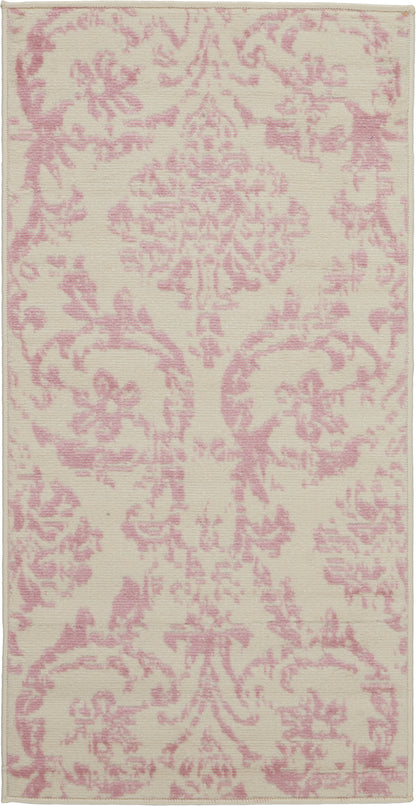 Rectangular rug with cream base & pink damask floral pattern; soft woven texture for living room decor