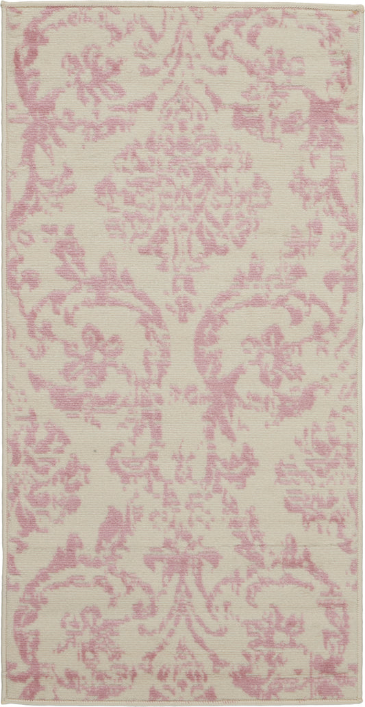 Rectangular rug with cream base & pink damask floral pattern; soft woven texture for living room decor