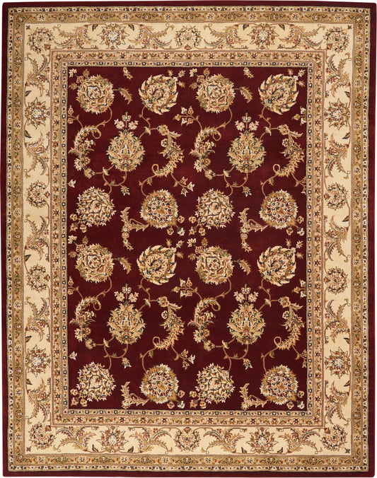 Oriental rug with deep burgundy central field featuring gold floral bouquets, framed by cream and gold ornate borders.