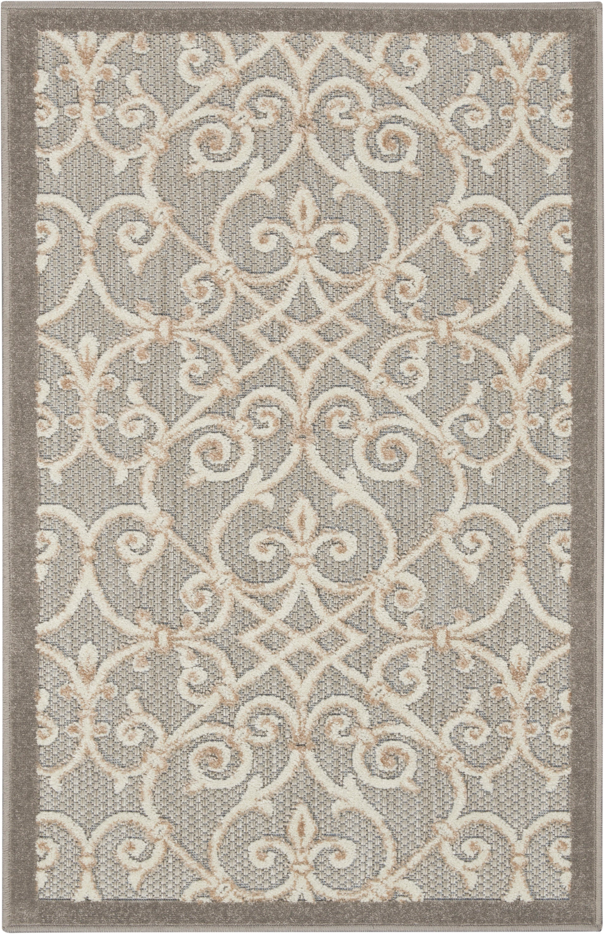 Gray area rug with cream-beige scrolling lattice pattern and taupe border; contemporary style for living rooms.