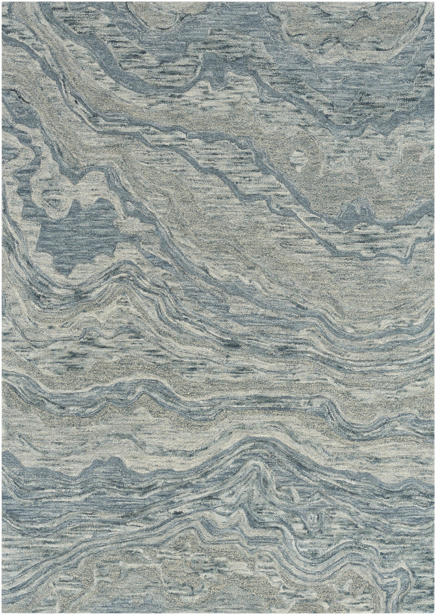 Blue-gray marbled area rug with abstract swirls and soft, textured pile.