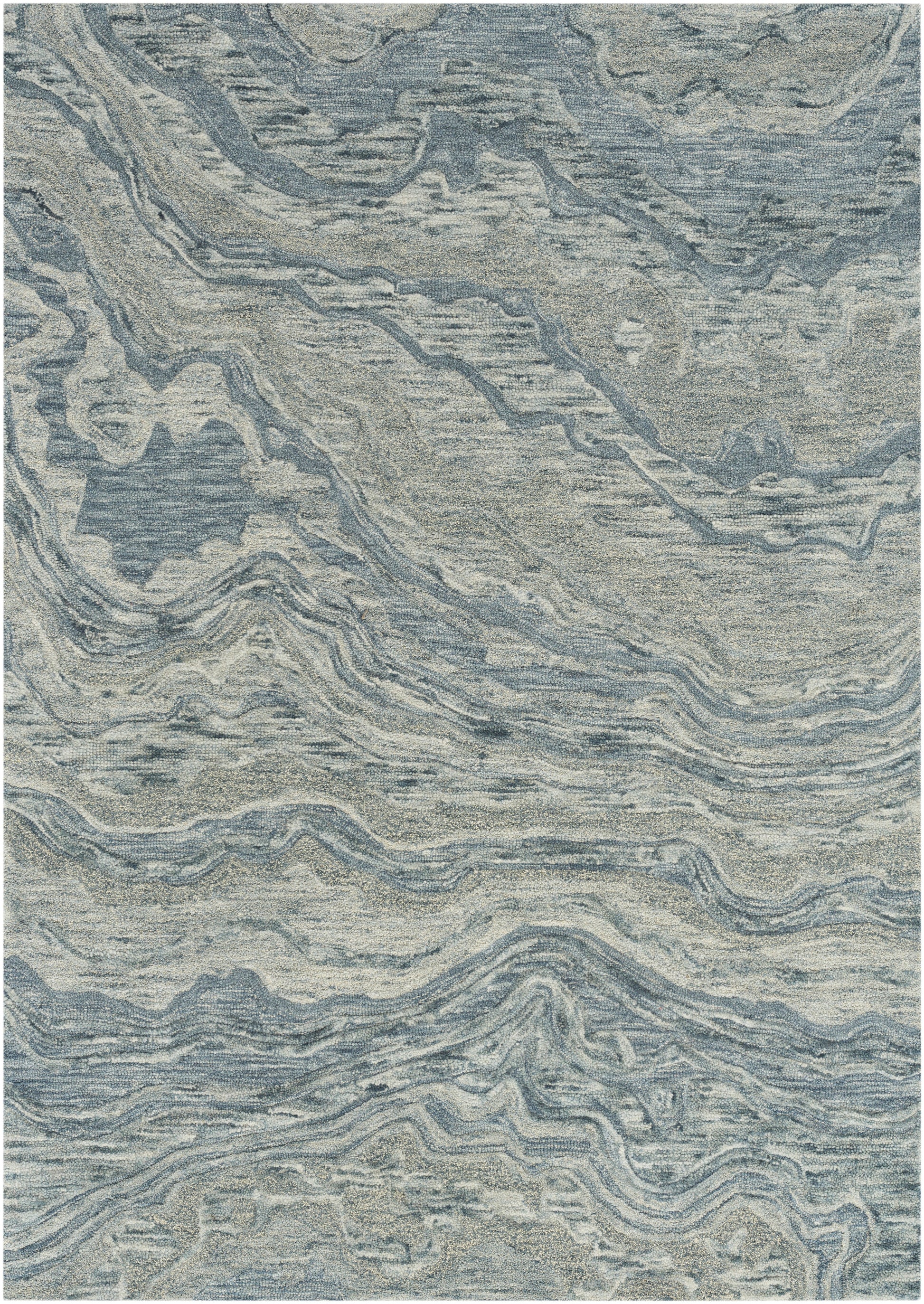 Blue-gray marbled area rug with abstract swirls and soft, textured pile.