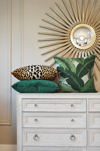 Leopard print animal pillow, 24 x 24 inches.
