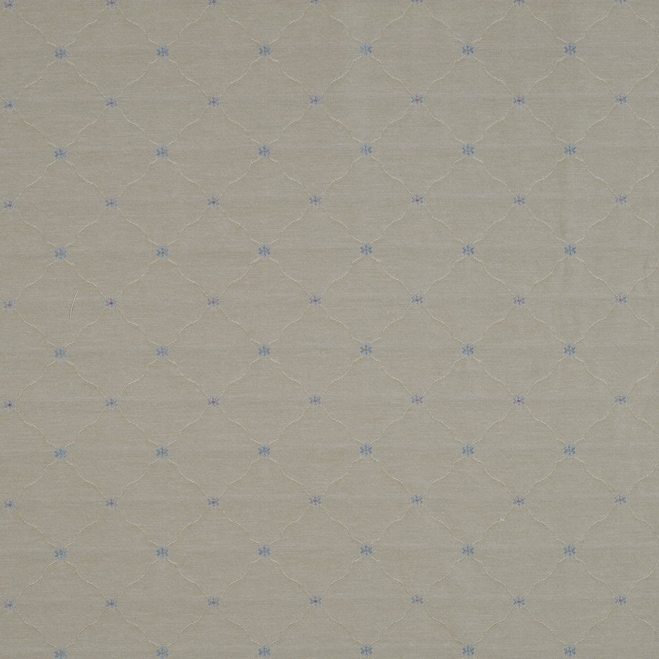 Beige fabric with subtle quilted diamond lattice and tiny pale blue floral motifs at each intersection