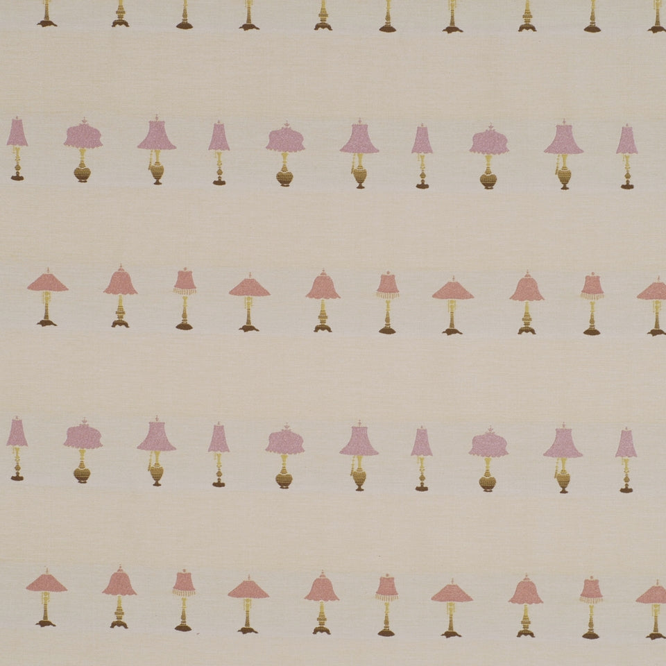 Beige upholstery fabric pattern with rows of gold lamp silhouettes and pink lampshades, vintage decorative lamp motif.