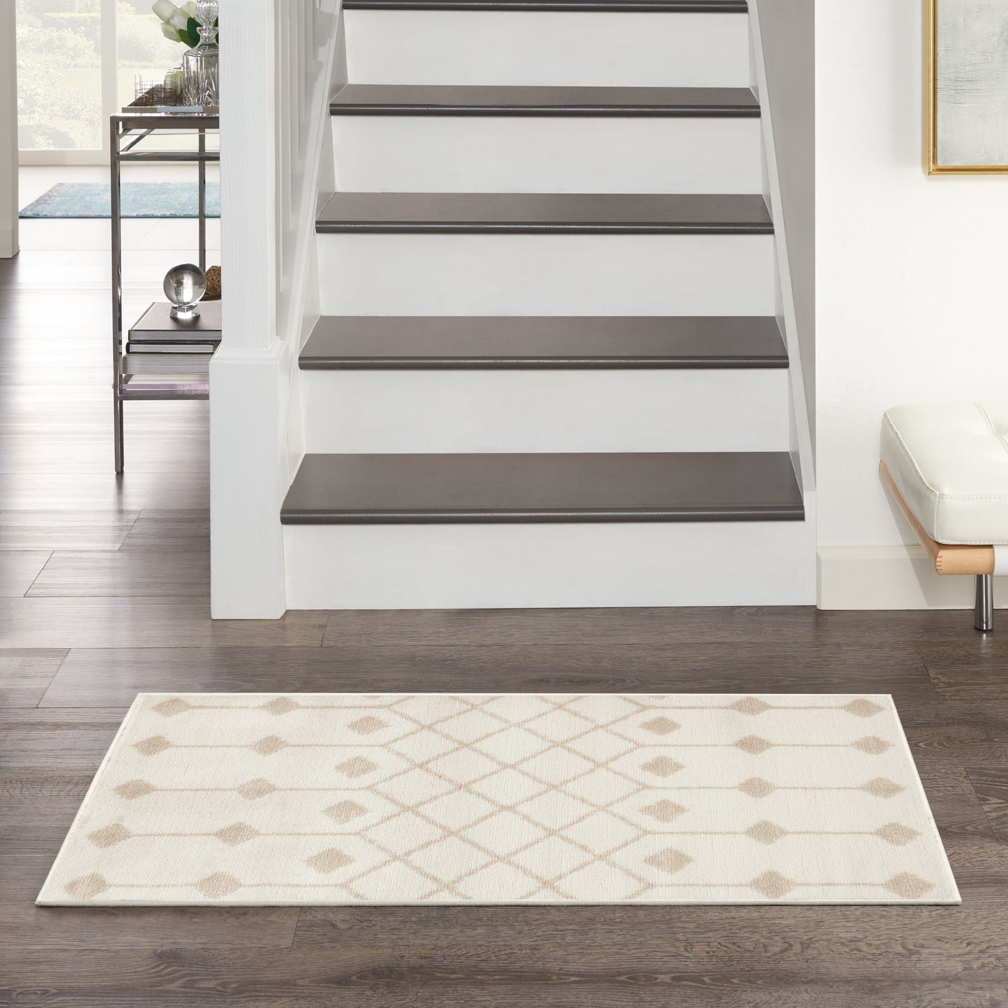 Cream rectangular area rug with beige diamond lattice and soft pile; Bohemian style, ideal for living room, 2' x 4