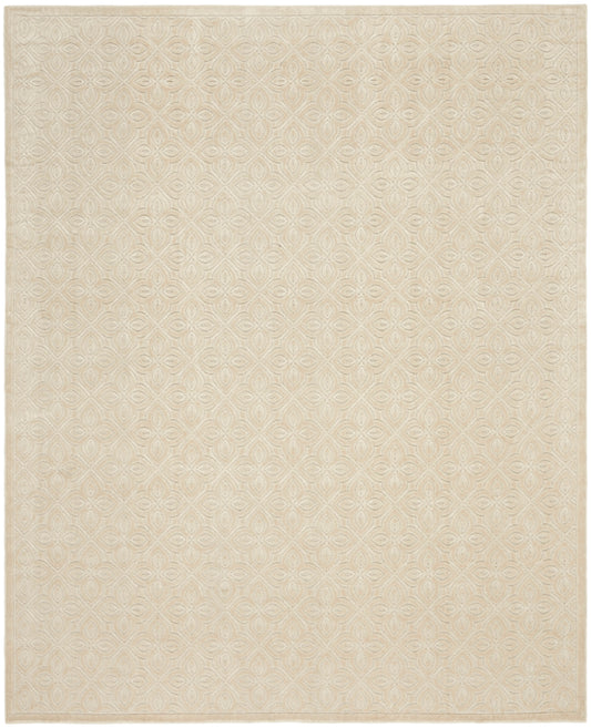 Cream beige rectangular rug with a subtle repeating geometric pattern; soft woven texture for living room or bedroom.