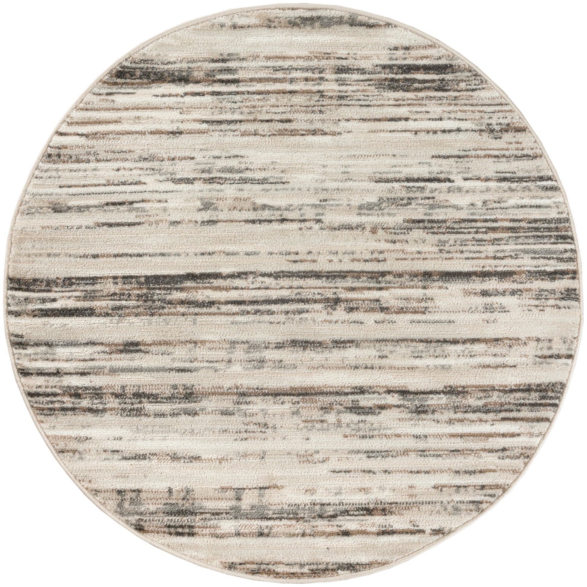 Round area rug with cream base and gray-brown distressed horizontal stripes; soft, textured contemporary style, 8' round.