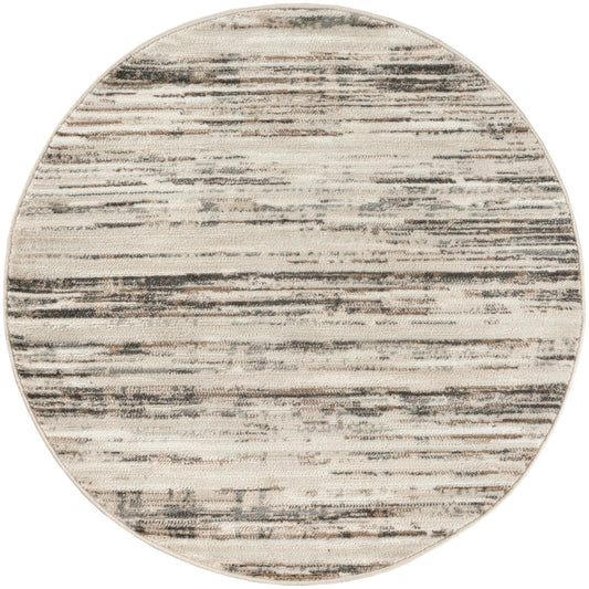 Round area rug with cream base and gray-brown distressed horizontal stripes; soft, textured contemporary style, 8' round.