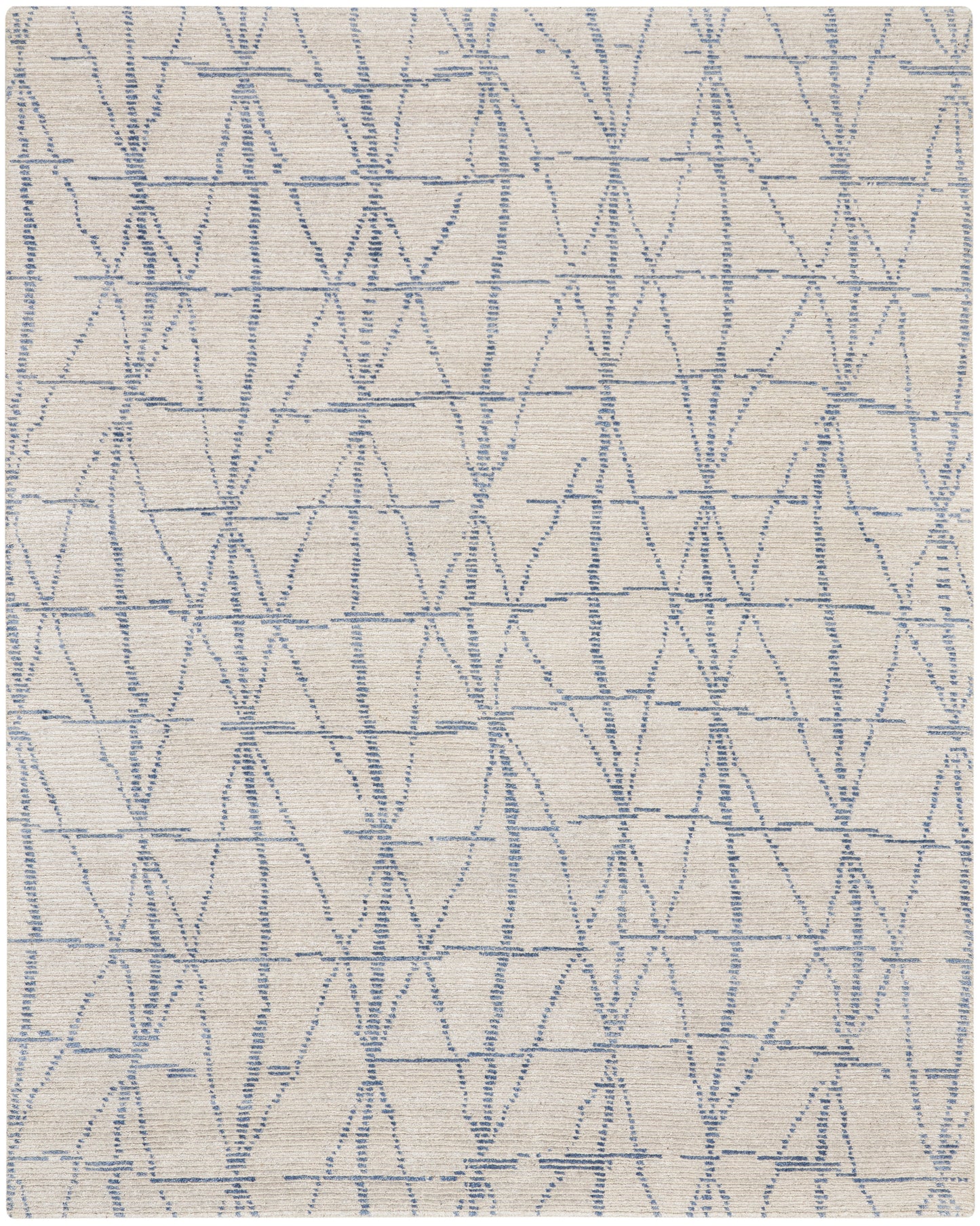 Beige woven rug with light blue embroidered triangular lattice pattern; soft decorative area rug, 8' x 10'.