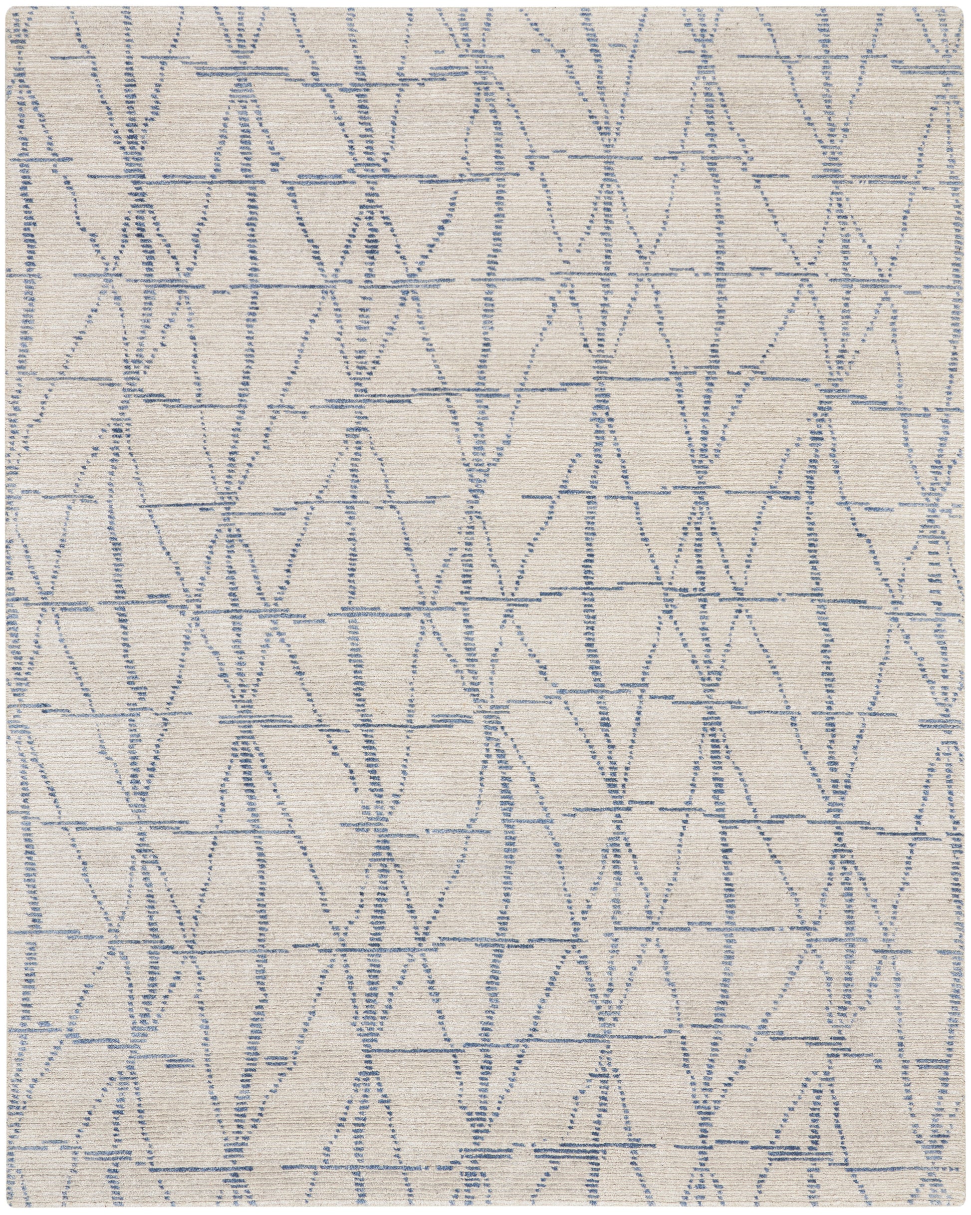 Beige woven rug with light blue embroidered triangular lattice pattern; soft decorative area rug, 8' x 10'.