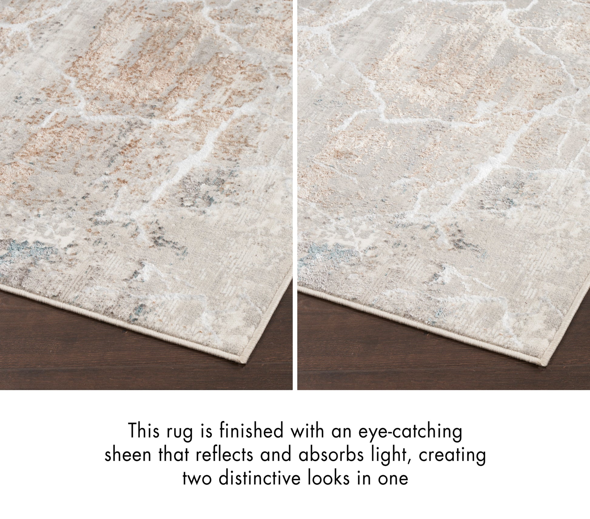 Rectangular abstract rug in beige, cream and pale blue with a marbled pattern; dual-sheen finish for two looks.