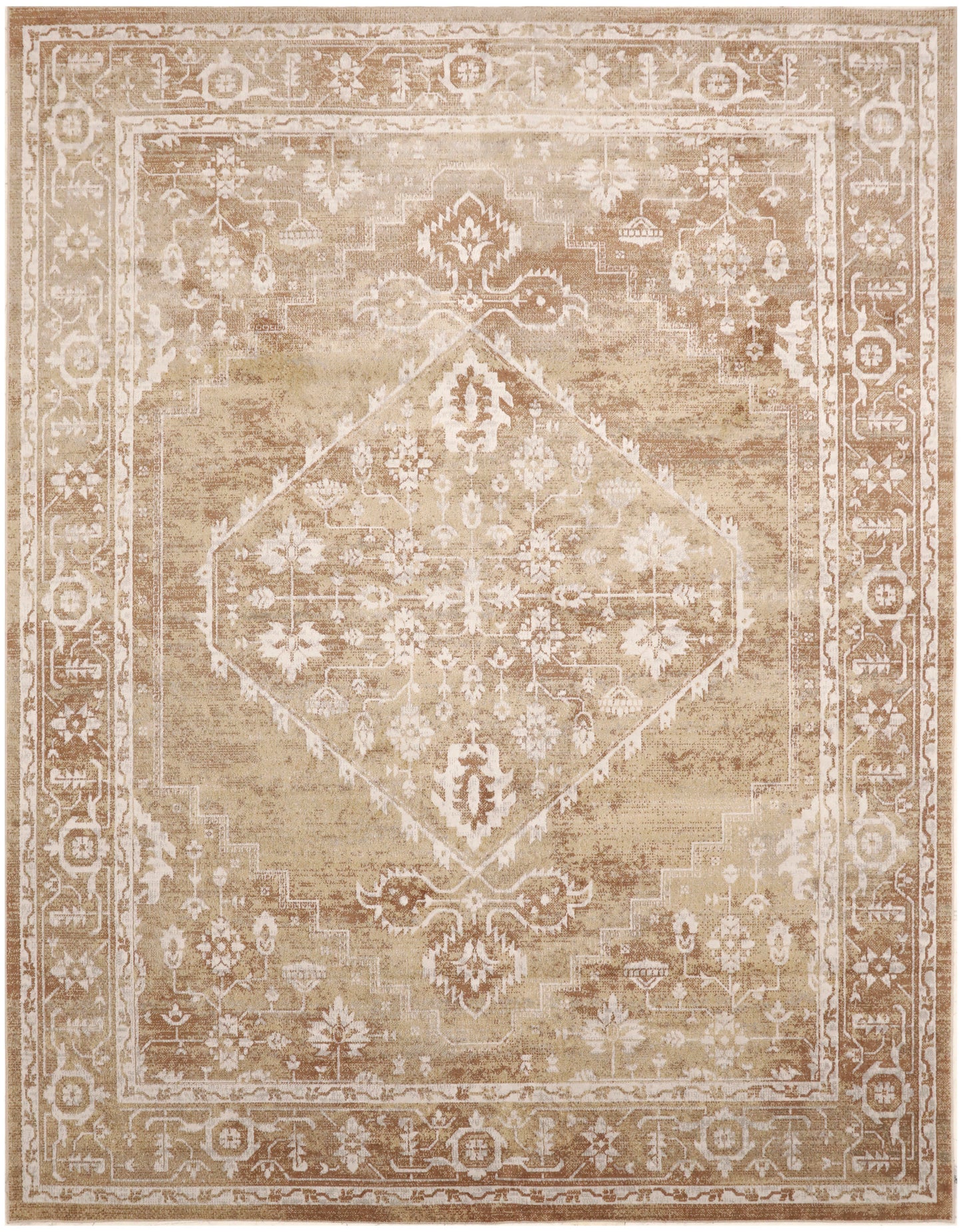 Distressed beige oriental rug with central diamond medallion, antique tan hues, & ornate floral border.