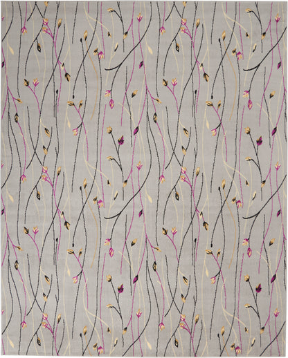 Gray rug with abstract looping vines in black, pink, gold & beige; delicate floral accents.