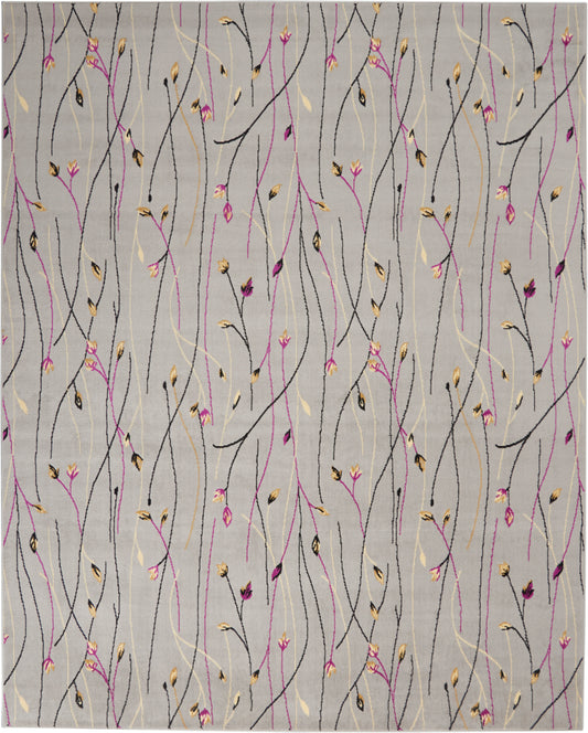 Gray rug with abstract looping vines in black, pink, gold & beige; delicate floral accents.