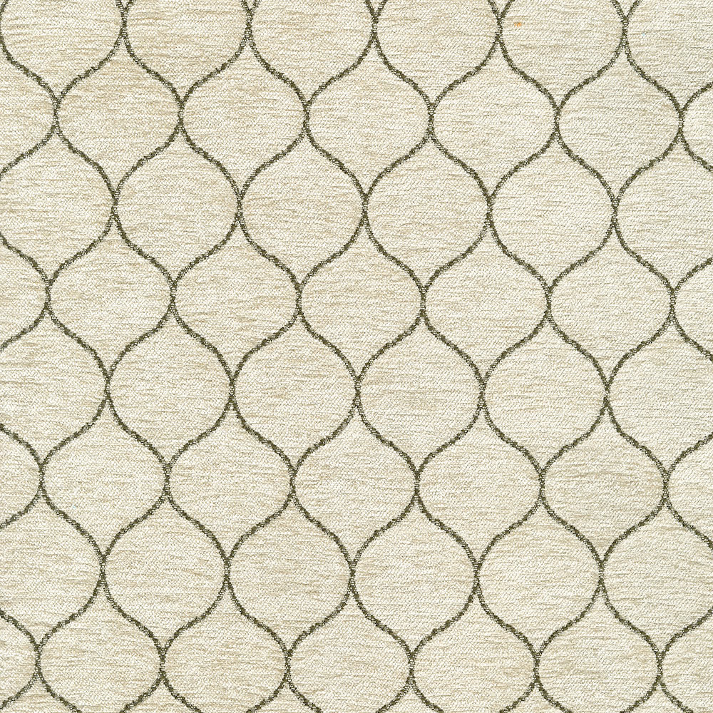 Beige fabric with an interlocking grey trellis lattice pattern and subtle woven texture.