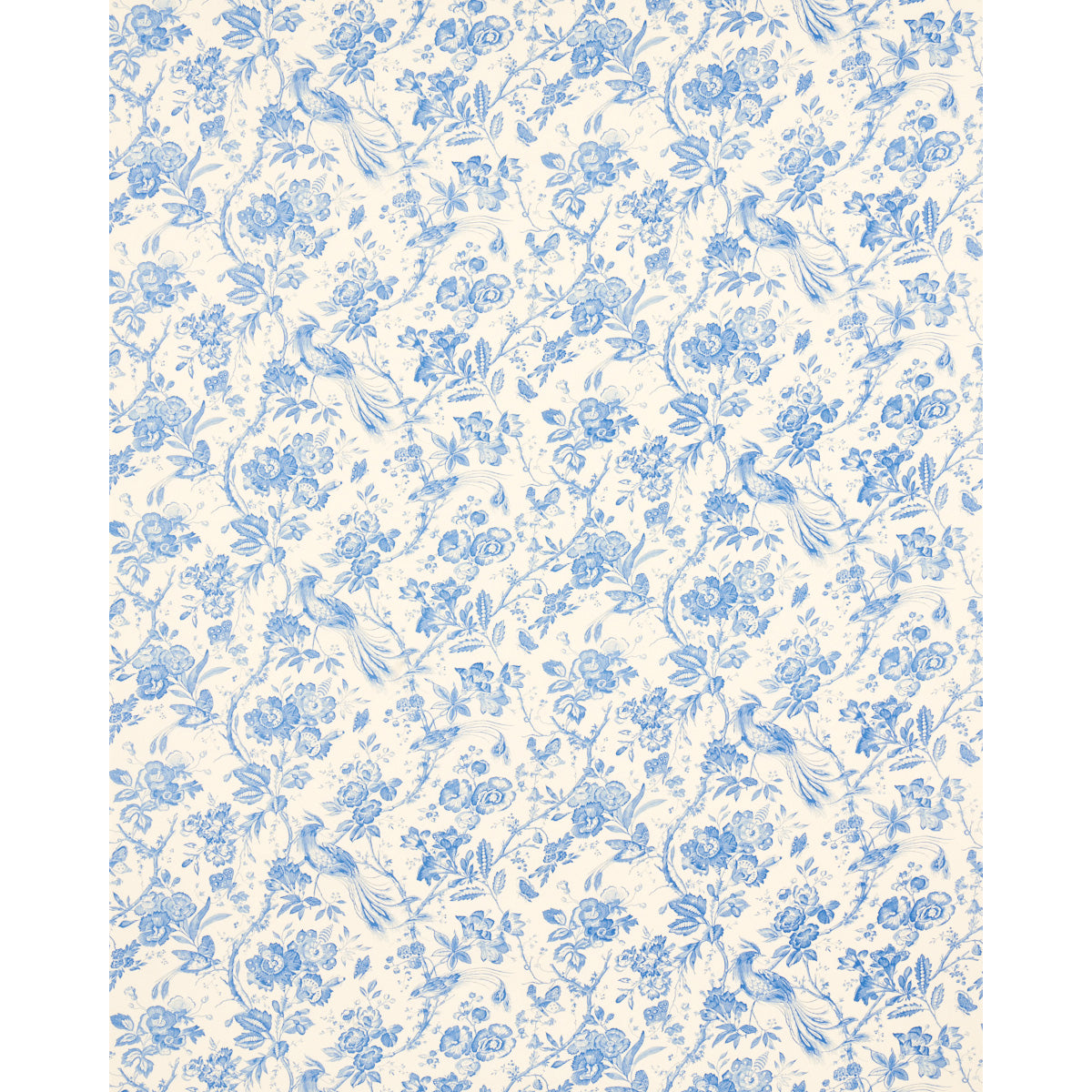 Cream background with blue floral and bird motif; vintage toile-style wallpaper print.