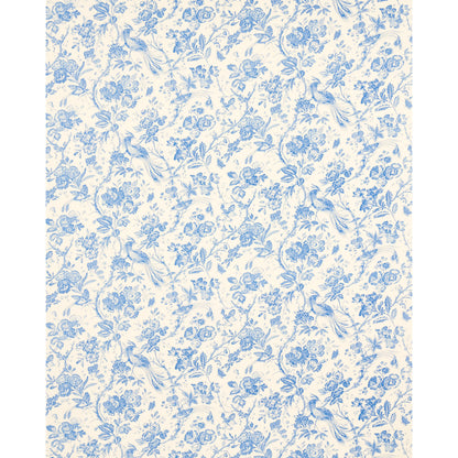 Cream background with blue floral and bird motif; vintage toile-style wallpaper print.