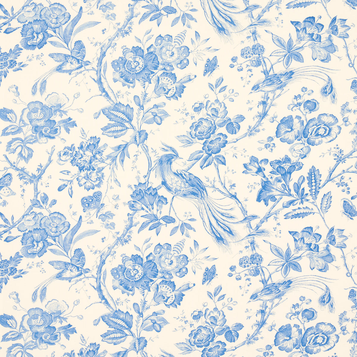 Blue and white toile-style floral pattern with birds on a cream background.