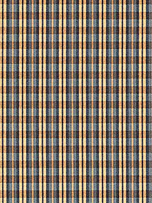 Woven plaid fabric in navy blue, orange and cream with a tight check pattern; upholstery fabric.