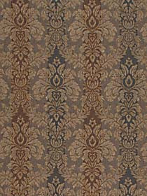 Cobalt damask upholstery fabric with a glittery metallic finish and ornate vertical scroll motifs.