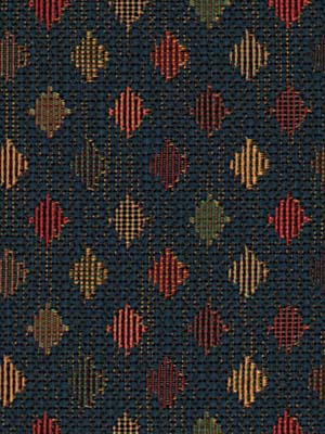 Dark navy woven fabric with repeating multicolor diamonds in tan, red, olive, rust; geometric upholstery textile.