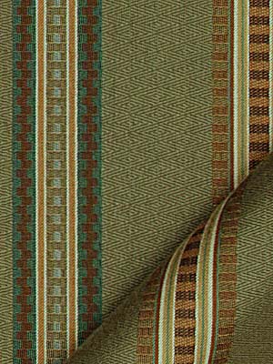 Olive green woven upholstery fabric with multicolor geometric stripe pattern in brown, teal, cream; rolled edge visible.