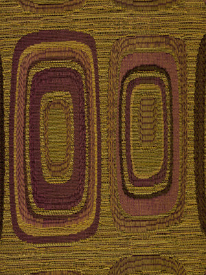 Woven rug with retro concentric oval patterns in mustard yellow, plum and olive on gold.