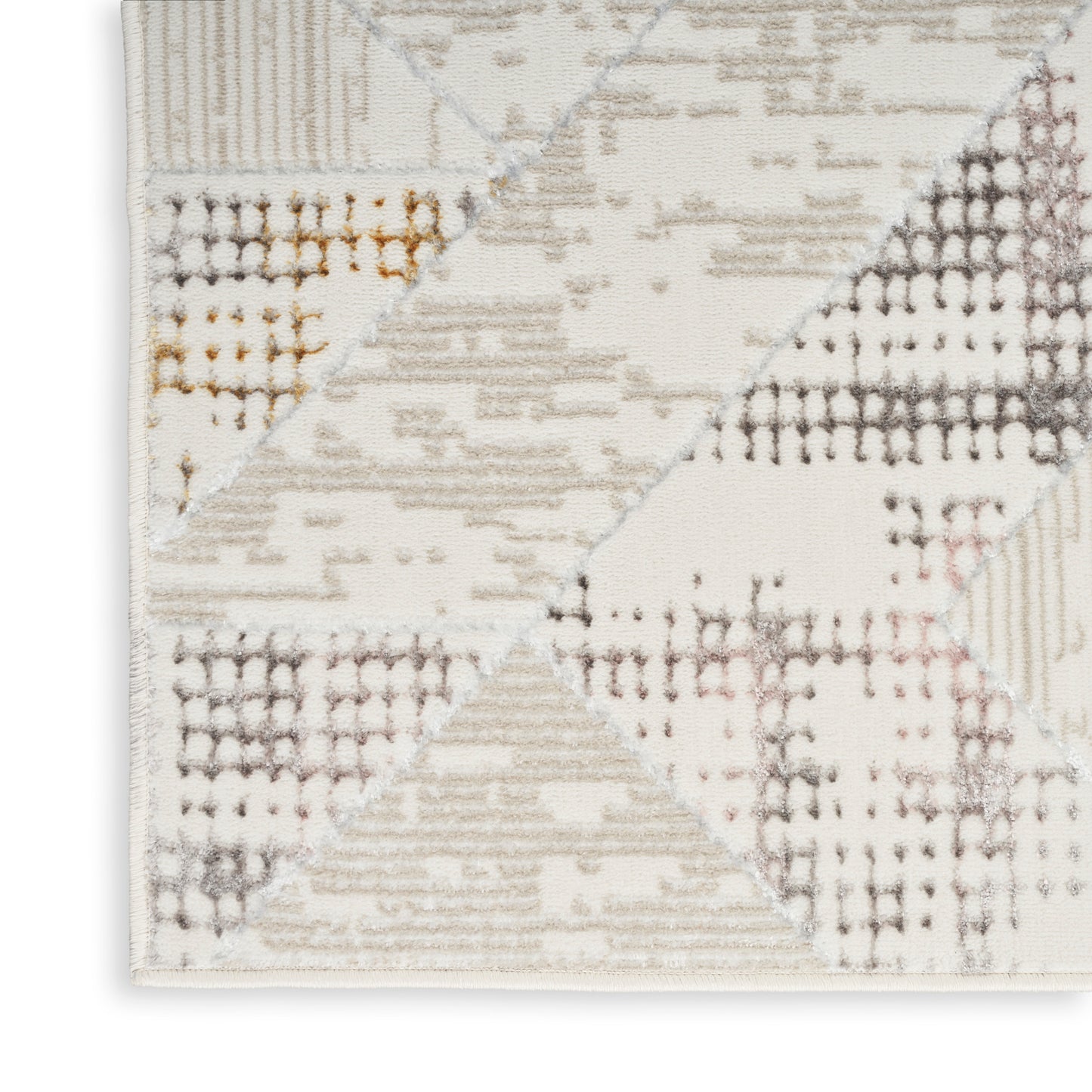 Geometric patchwork area rug in cream, beige, taupe and gray with triangle motifs; woven flat-weave look.