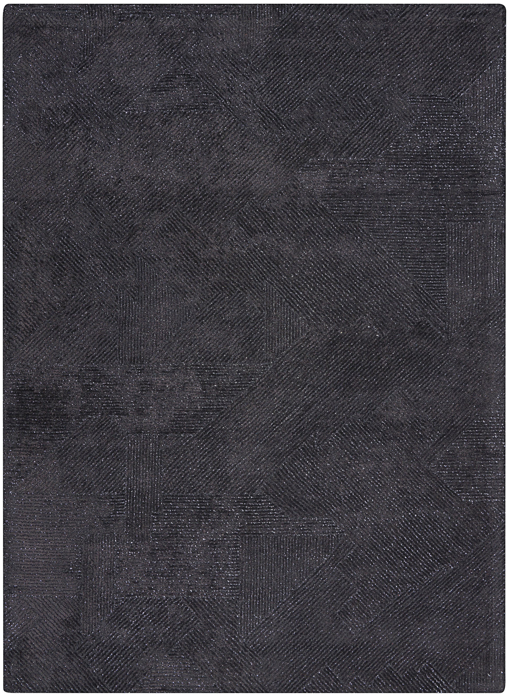 Charcoal gray textured rug with abstract geometric pattern; rectangular, woven look for modern living spaces.