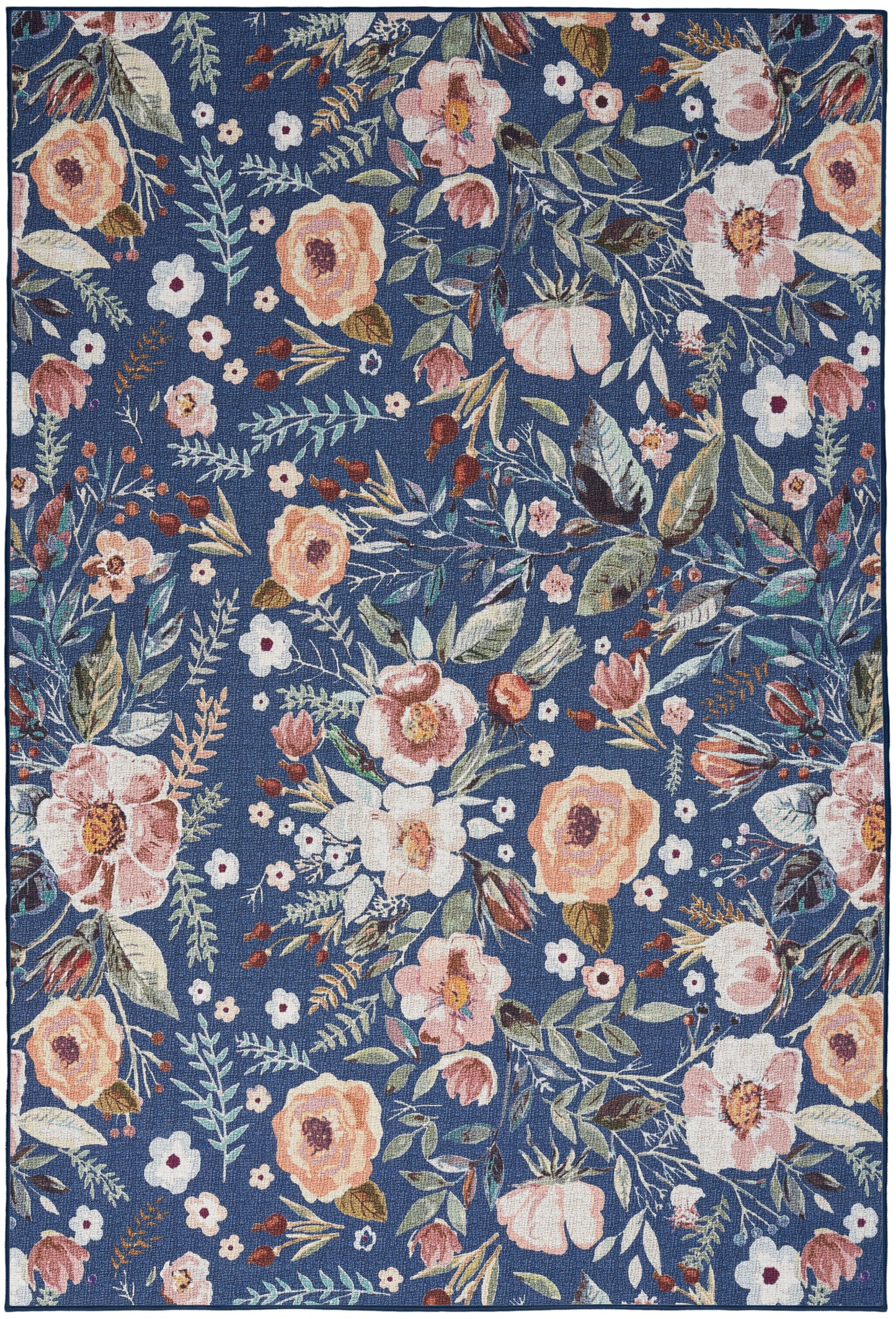 Rectangular navy blue floral rug with peach, pink and white flowers and green leaves in a lush botanical pattern.