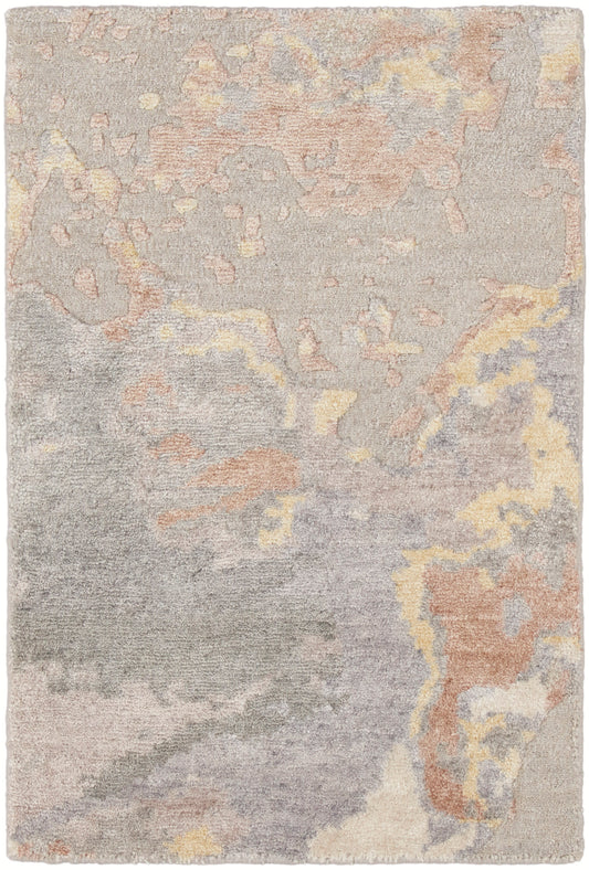 Soft abstract pastel area rug with muted gray, blush pink, lavender & pale yellow blotches in a plush shag texture.
