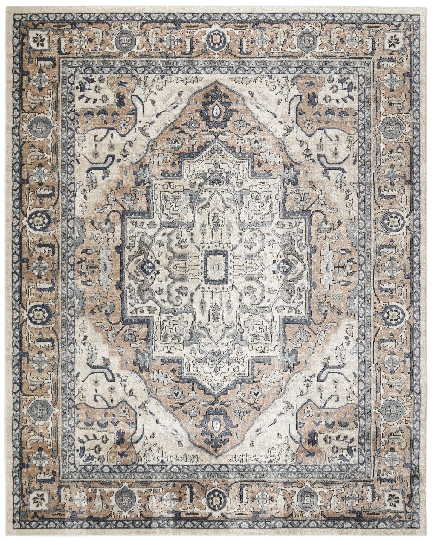 Traditional Oriental area rug in ivory, beige and blue with central medallion and ornate border; soft woven pile.