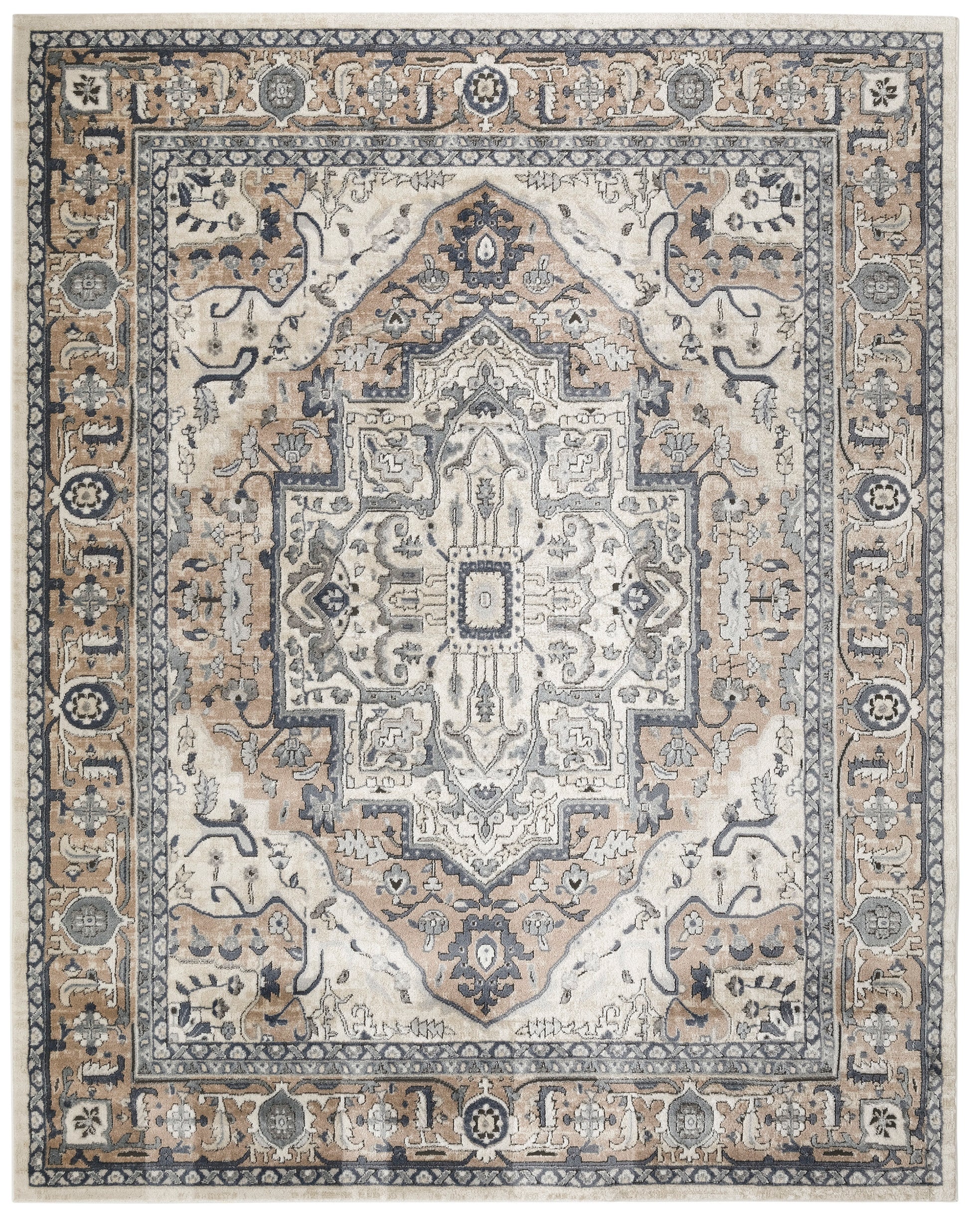 Traditional Oriental area rug in ivory, beige and blue with central medallion and ornate border; soft woven pile.