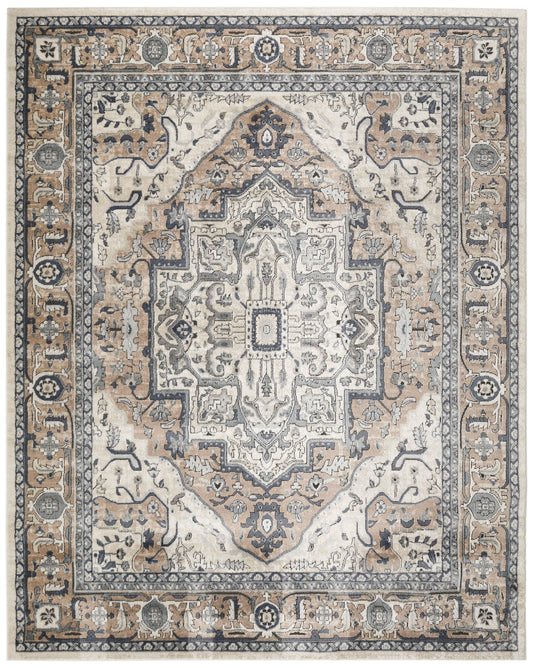 Traditional Oriental area rug in ivory, beige and blue with central medallion and ornate border; soft woven pile.
