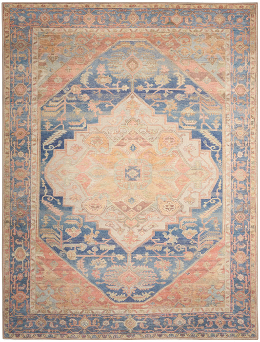 Pastel oriental rug with a central geometric medallion in pink and blue, ivory border, distressed vintage look.