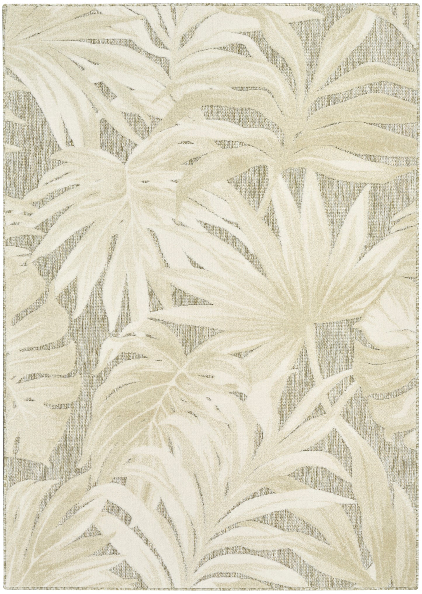 Beige cream palm leaf rug with textured taupe background tropical botanical floor decor