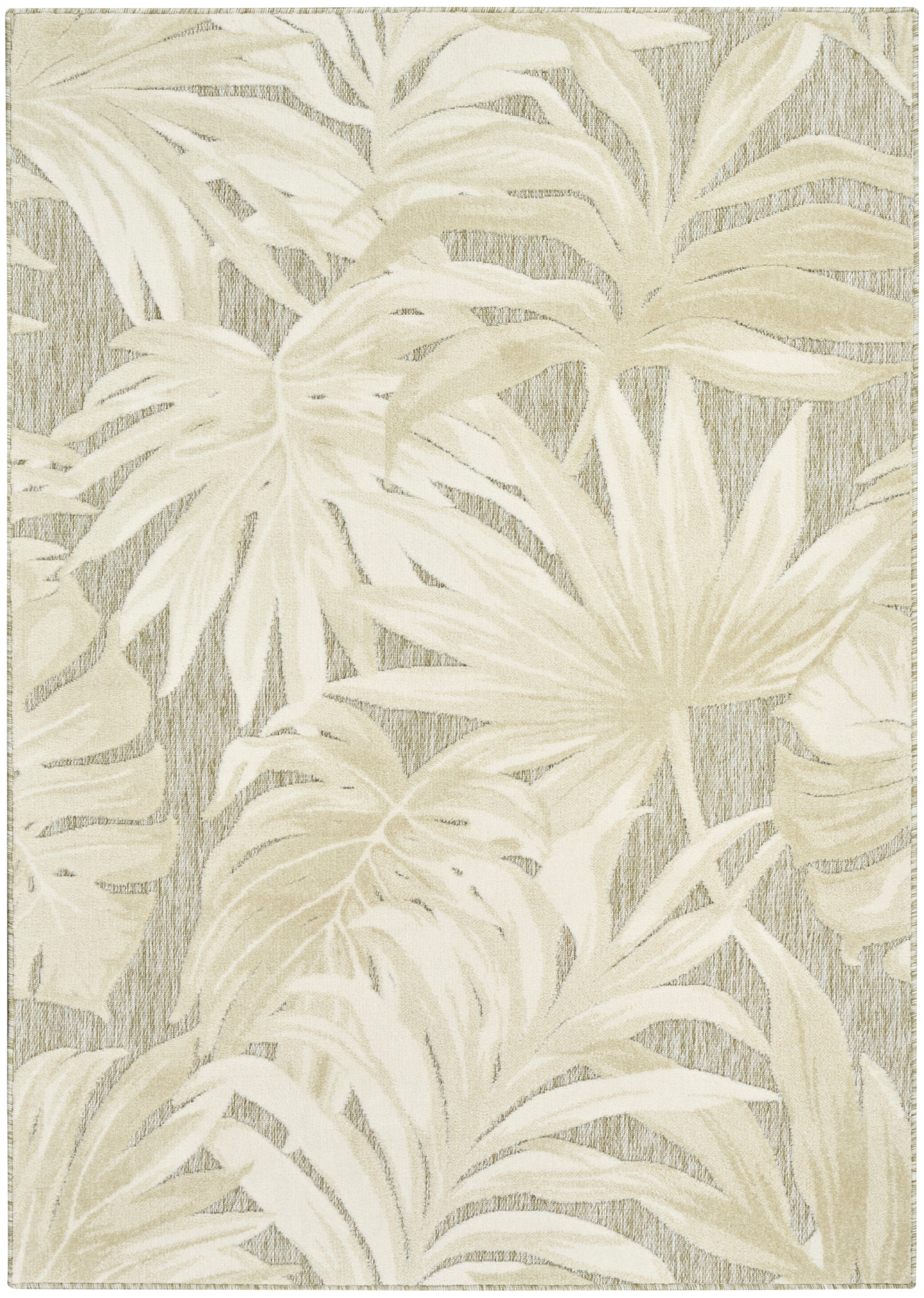 Beige cream palm leaf rug with textured taupe background tropical botanical floor decor