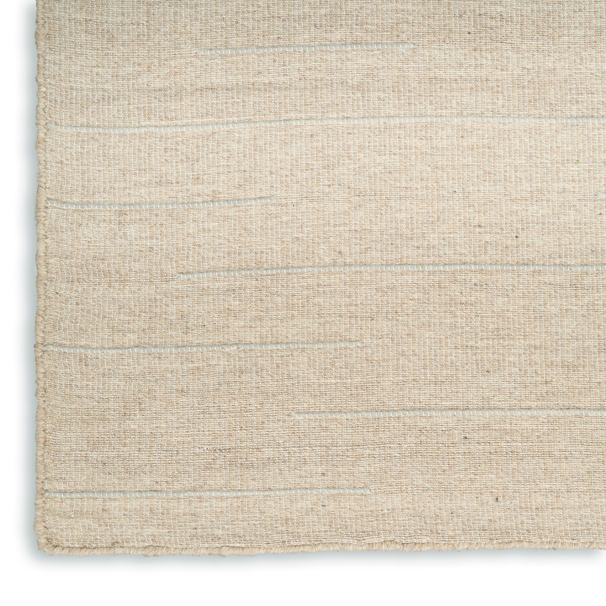 Beige woven area rug with subtle horizontal stripes and natural fiber texture.