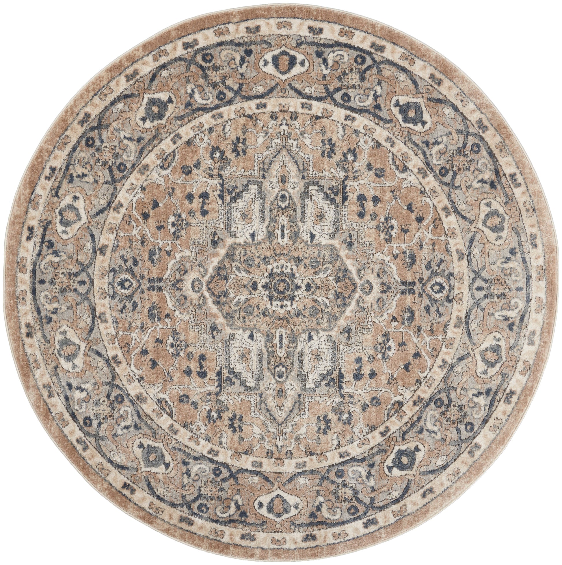 Round beige and blue ornate oriental-style rug with floral medallion and border, soft distressed texture.