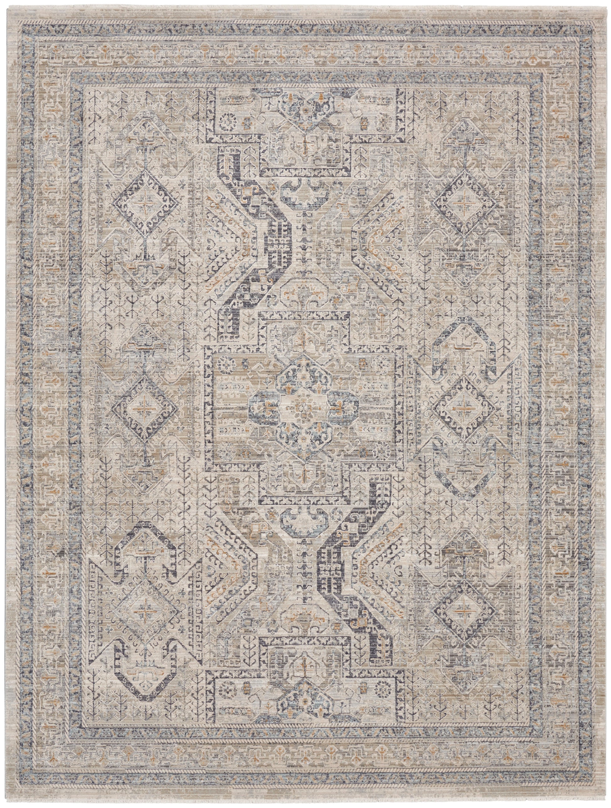 Neutral blue-gray oriental rug with a central medallion, geometric motifs, and layered beige borders.