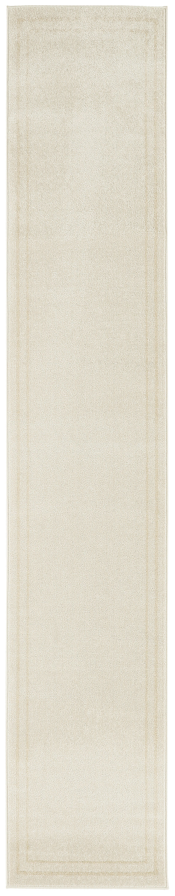 Cream beige runner rug with subtle double border, soft looped pile, neutral minimalist style for hall or foyer
