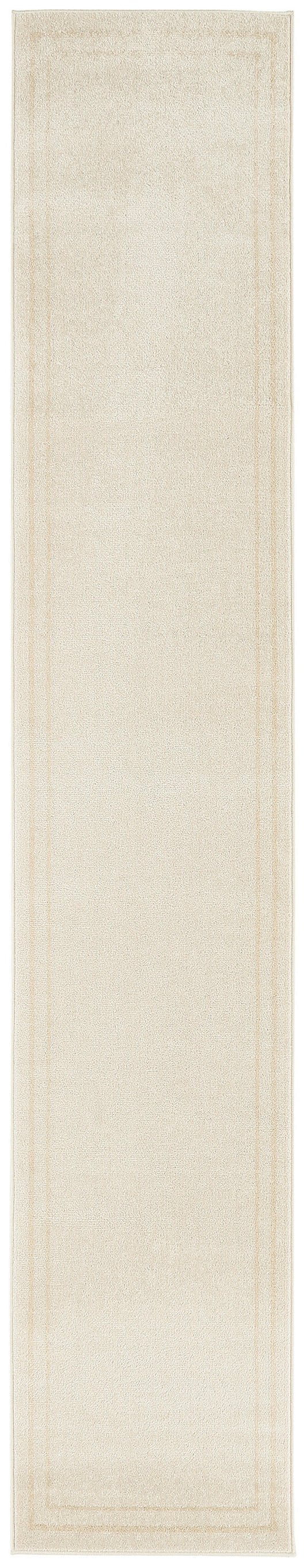 Cream beige runner rug with subtle double border, soft looped pile, neutral minimalist style for hall or foyer