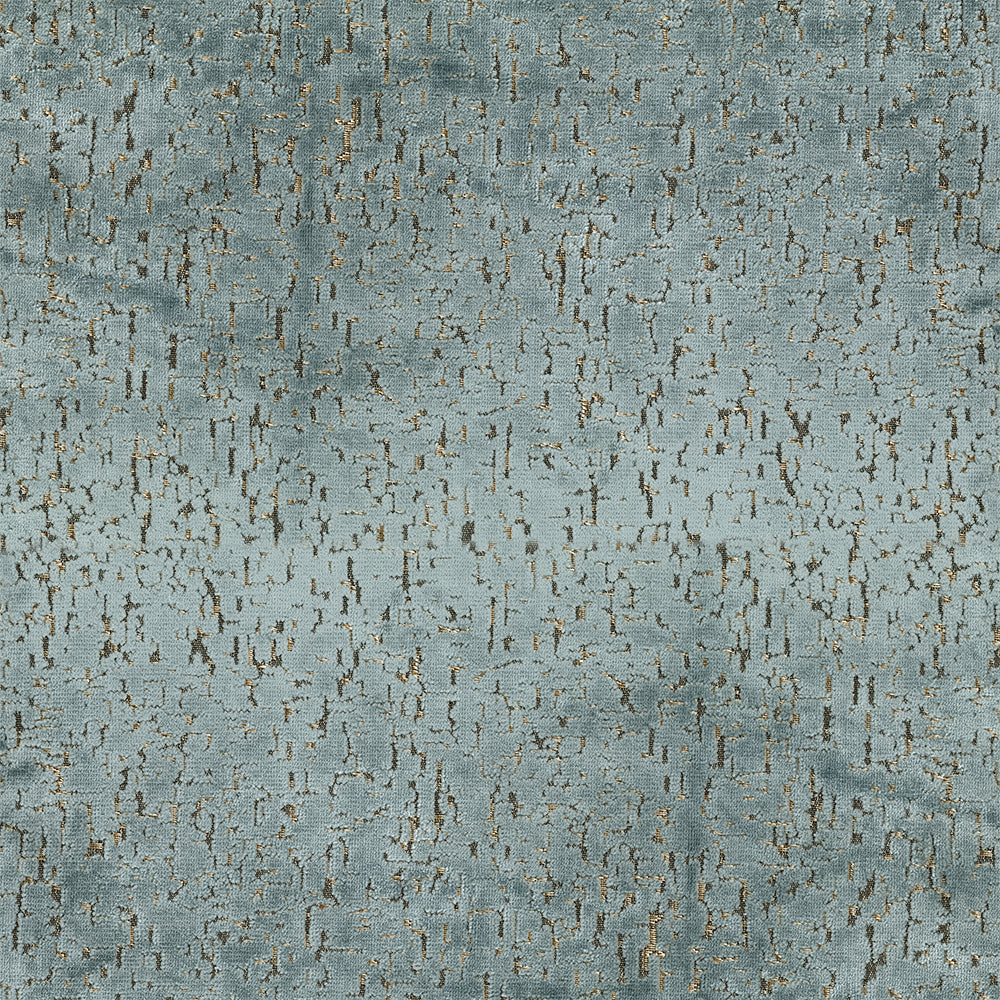Turquoise blue textured fabric with abstract gold crackle pattern and metallic flecks; woven surface, traditional fabric style.
