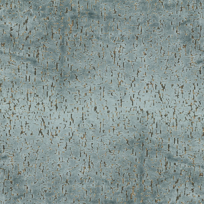 Turquoise blue textured fabric with abstract gold crackle pattern and metallic flecks; woven surface, traditional fabric style.