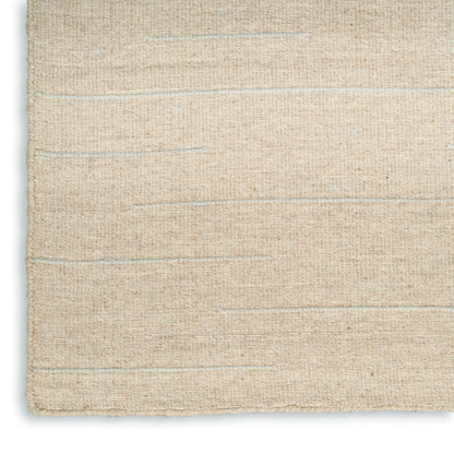 Beige woven rug with subtle horizontal stripes and textured natural-fiber surface.