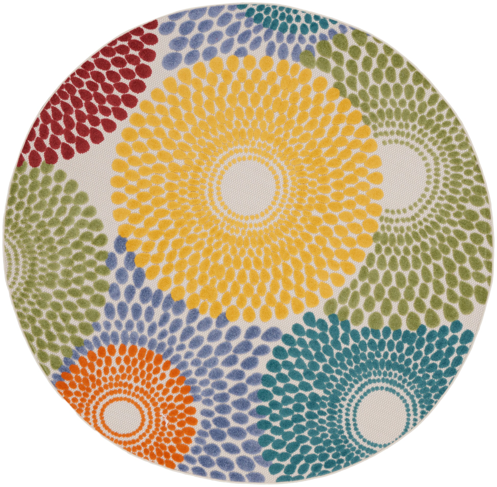 Round ceramic plate with sunflower-inspired concentric dot pattern in yellow, orange, red, green and blue.